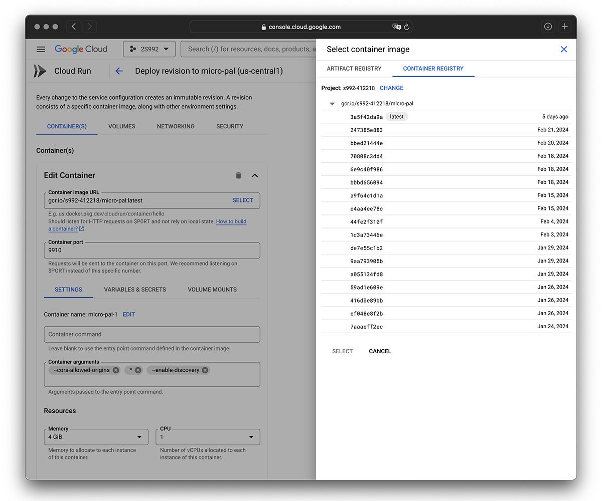 Screenshot che mostra un elenco di nomi di file di immagine aggiornati e configurazione per il container con campi per l'URL dell'immagine, la porta del container, argomenti, allocazione di memoria e numero di CPU allocate a ciascuna istanza del container.