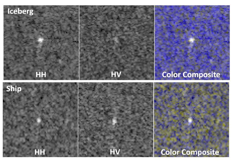 Figure 3.  Color composite images of iceberg and ship that are difficult to classify. 