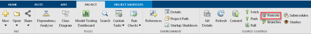 MATLAB Project tab showing Remote button in the Source Control section of the toolstrip.