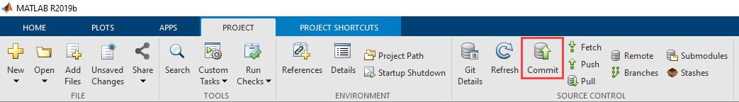 Uno screenshot della scheda MATLAB Project con il pulsante Commit evidenziato.