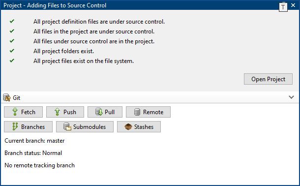 Uno screenshot che mostra i file aggiunti al Source Control. I file hanno superato tutti i controlli ed è presente il pulsante Open Project. Appare un menu Git con diversi pulsanti e informazioni logistiche.