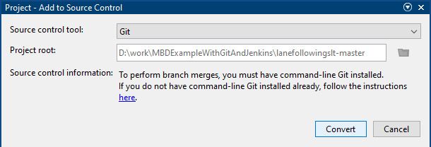 Un pop-up per Add to Source Control. Lo strumento Source Control viene selezionato come Git e viene specificata la radice del progetto. C'è un pulsante di conversione.