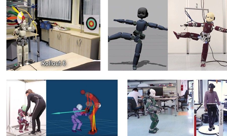 Figure 1.  iCub shooting arrows, striking a yoga pose, walking while controlled via teleoperation, and working with a human to stand up.  