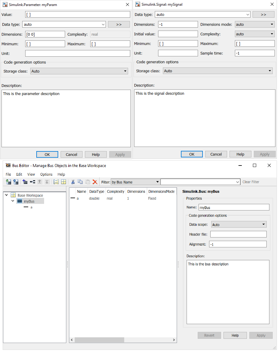 Figure 9. Description fields for bus, signal, and parameter objects. 