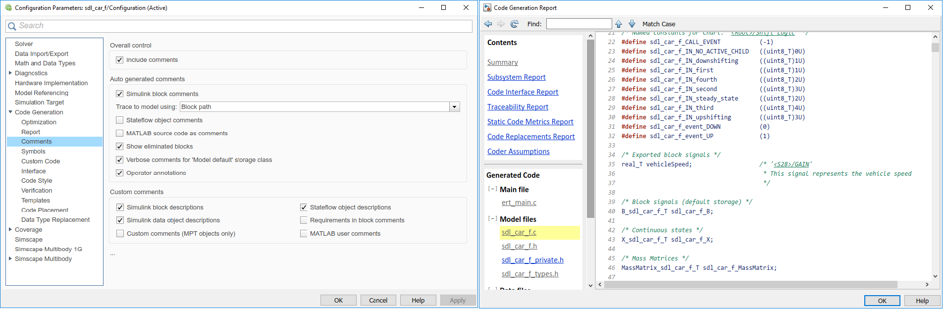 Figure 10. Using the bus, parameter, and signal object description fields as comments in generated code.