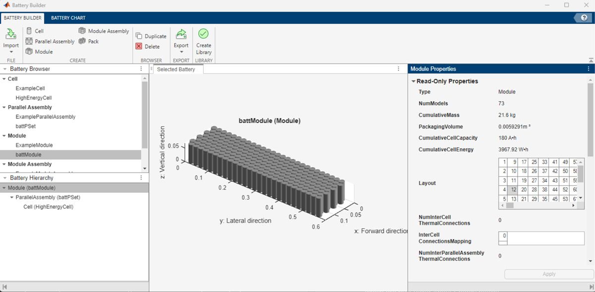 Uno screenshot dell'app Battery Builder che mostra come vengono scelte le varie proprietà del modulo per modellare e progettare un pacco batteria.