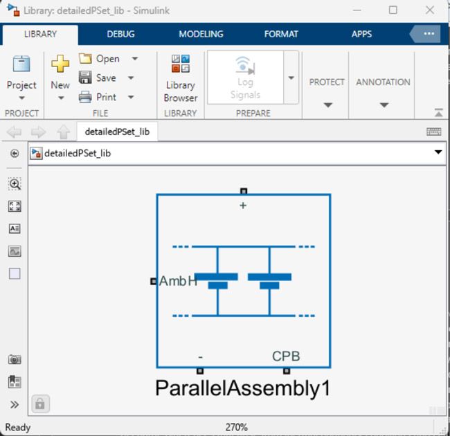 Uno screenshot di Simulink che mostra un modello per il modulo batteria Parallel Assembly utilizzando i blocchi About:Energy.