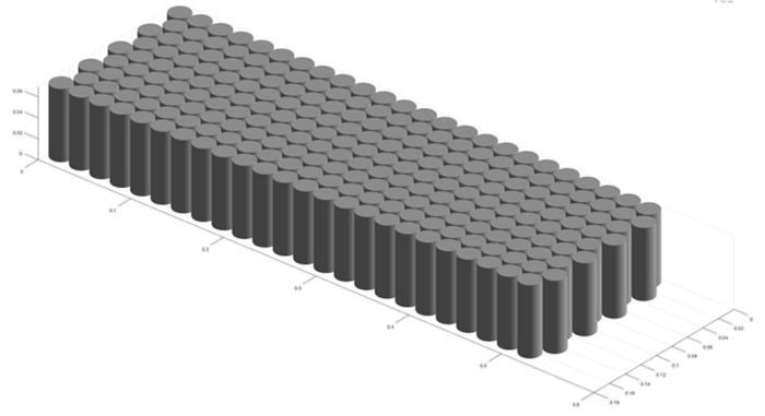 Una visualizzazione Simscape che mostra le celle della batteria posizionate in uno spazio 3D per un modulo.