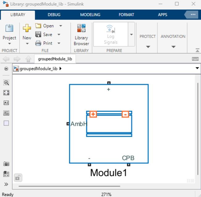 Uno screenshot di Simulink che mostra un modello di modulo batteria utilizzando About:Energy Blocks.