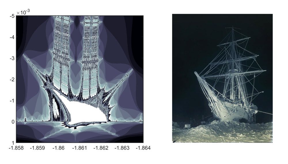 Figure 5. Left: zoomed-in view of the Burning Ship’s wake. Right: Hurley’s 1915 photograph of Shackleton’s ship frozen in ice in Antarctica. 