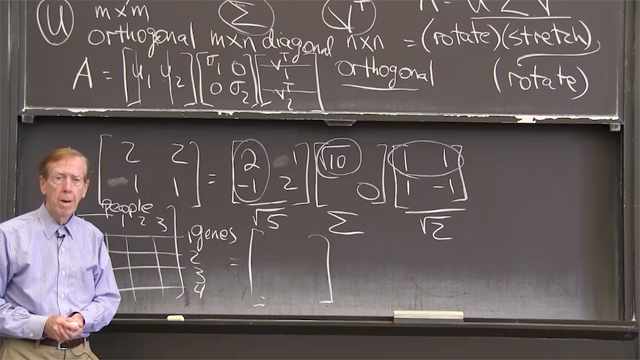 The SVD factors each matrix <em>A</em> into an orthogonal matrix <em>U</em> times a diagonal matrix Σ (the singular value) times another orthogonal matrix V<sup>T</sup>: rotation times stretch times rotation.