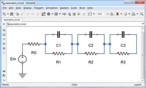 Circuito equivalente di una batteria con tre diverse costanti di tempo, resistenza interna e potenziale a circuito aperto.