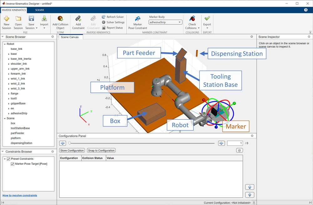 Screenshot di Inverse Kinematics Designer con un cobot UR