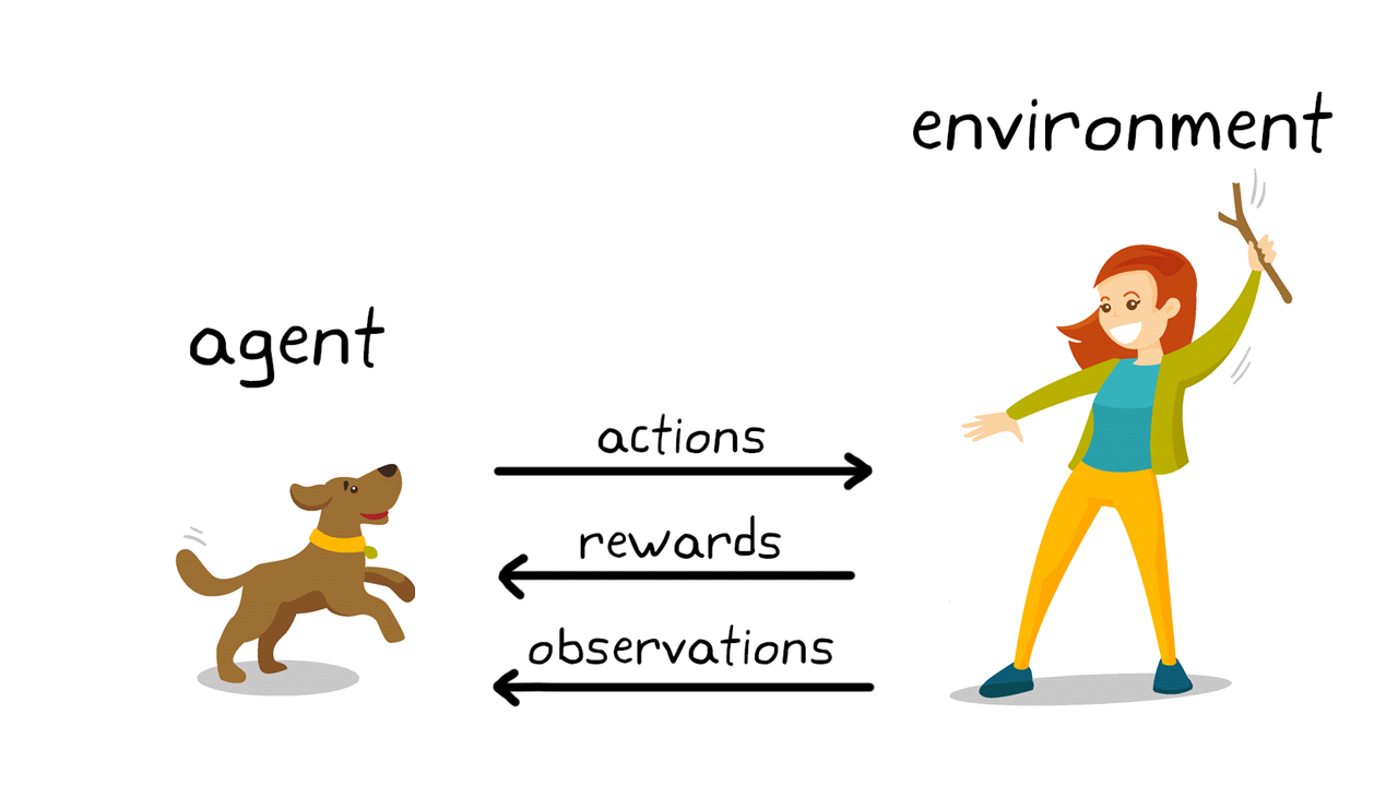 Reinforcement Learning nell’addestramento dei cani, dove il cane e l’addestratore rappresentano l’agente e l’ambiente. Interagiscono tra loro per mezzo di azioni, ricompense e osservazioni.