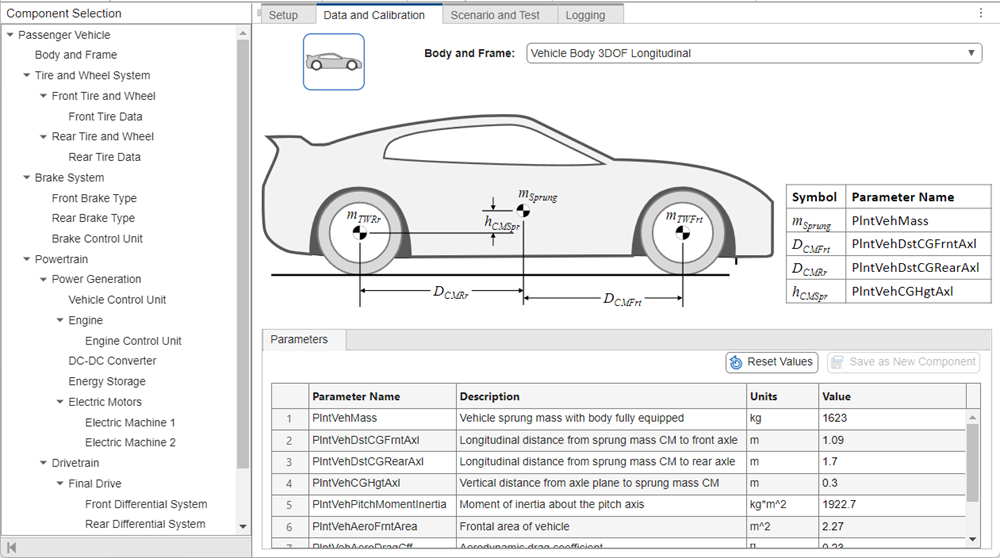 Data and Calibration pane for the Virtual Vehicle Composer app