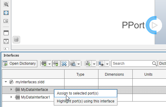 AUTOSAR architecture model with one port and the Interface Editor docked at the bottom. The Property Inspector is docked on the right side.