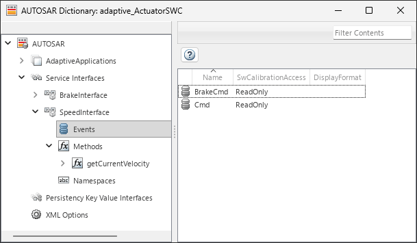 AUTOSAR Dictionary Service Interfaces expanded SpeedInterface Events node is selected showing Events BrakeCmd and Cmd. Methods nodes is expanded in the navigation tree showing Method getCurrentVelocity.