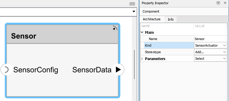 Component Sensor is selected, and in the Kind property in the Property Inspector is highlighted and set to SensorActuator.