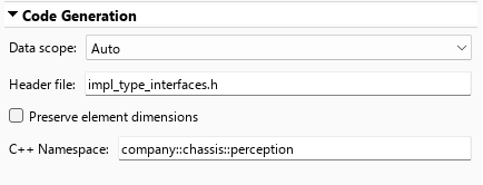 Architectural Data Editor. PortInterfaces data dictionary is open showing Code Generation settings with the C++ Namespace and Header file properties set.