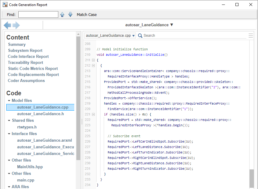 The Code Generation Report for the autosar_LaneGuidance is open viewing the model initialize function for the autosar_LaneGuidance.cpp file.