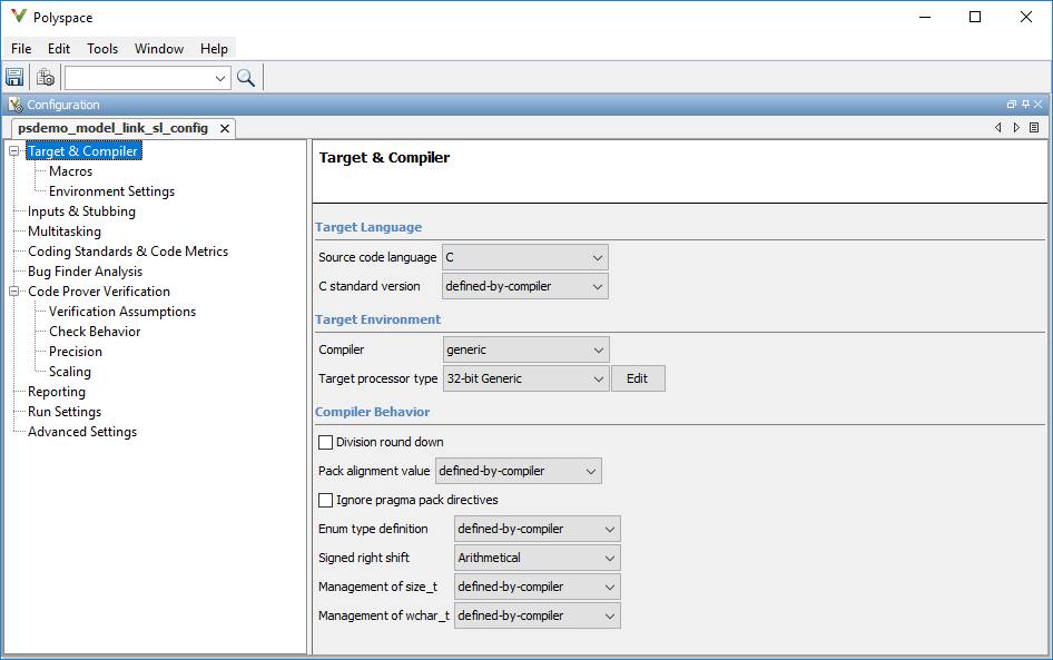 A snapshot of a Polyspace configuration.