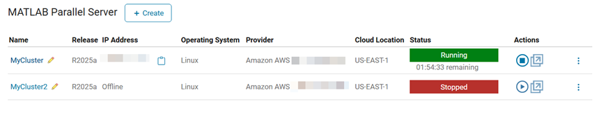 List of two clusters. The first cluster is online has Status Running, and the second cluster is offline has status Stopped.