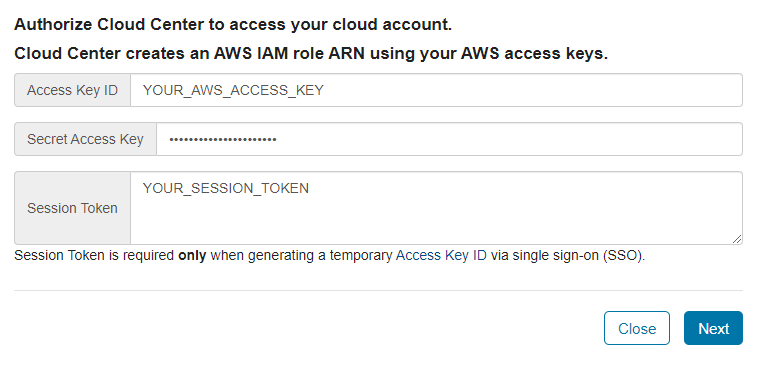 Dialog to input AWS access key details to authorise Cloud Center to access your account.