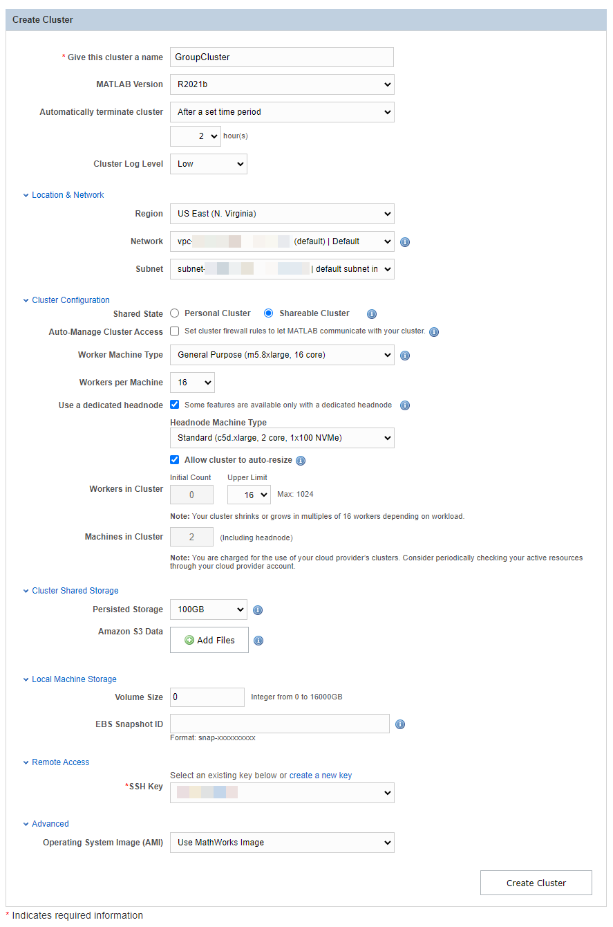 Create Cluster window with example settings for a shareable cluster. Set the Shared State in the Cluster Configuration to Shareable Cluster.