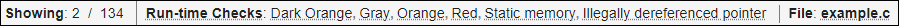 Showing 1 out of 134 results because filters Run-time checks, Open and File:example.c are being applied.