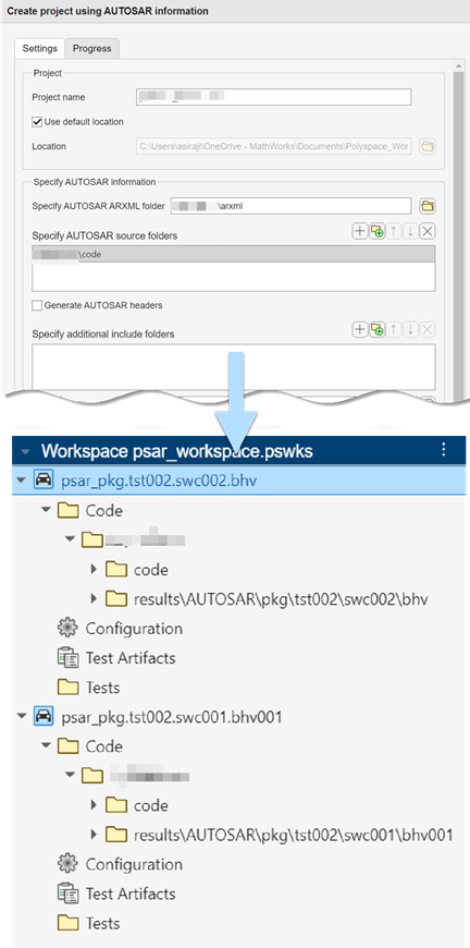 Image showing creation of new projects from AUTOSAR code in Polyspace platform