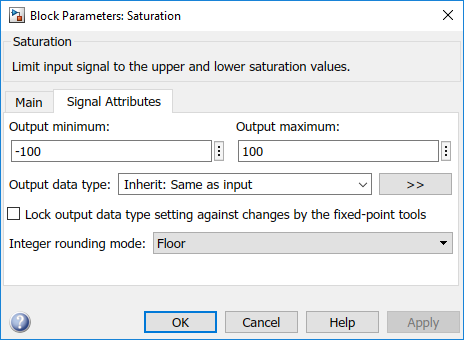 The Signal Attributes tab on the Block Parameters window. On this tab, you can specify values for 'Output minimum' and 'Output maximum'.