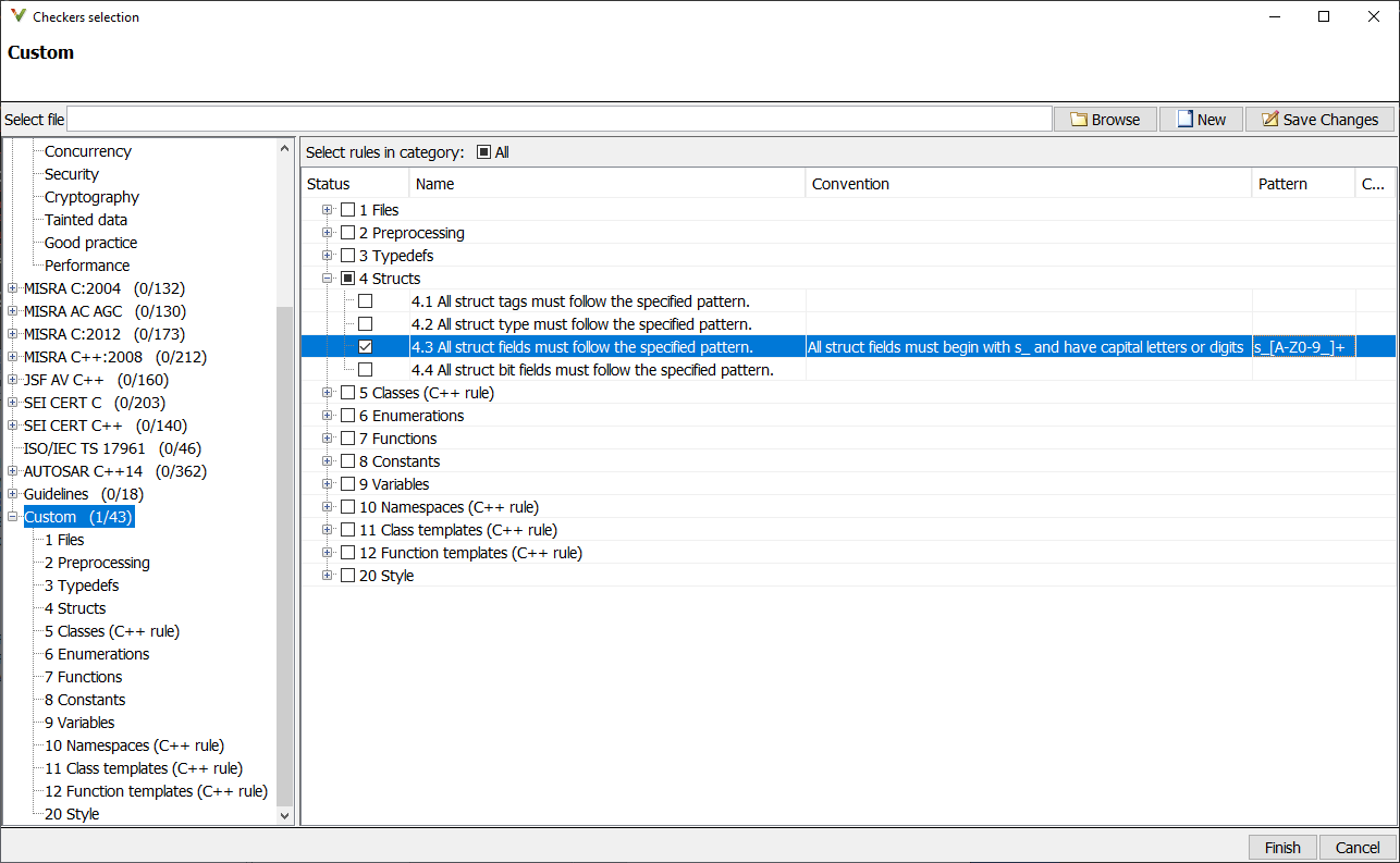 Example Checkers selection window showing custom rules selected. The pattern field is not empty.