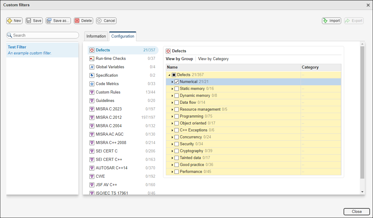 Example of a custom filter named Test Filter with only Numerical Defects selected in the Configuration tab.