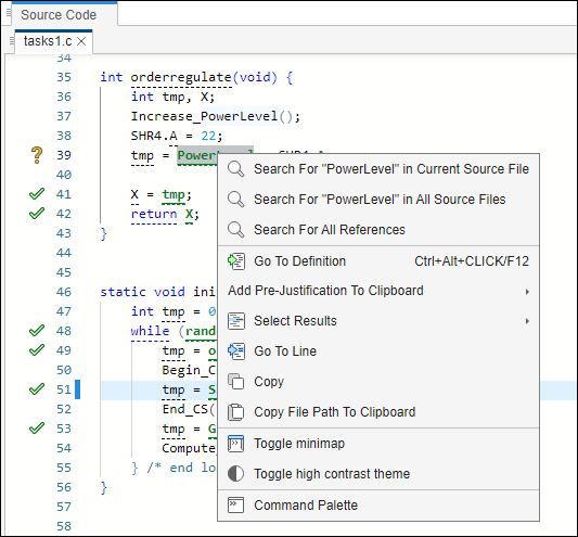 Right-click context menu for PowerLevel global variable in the Source Code pane.