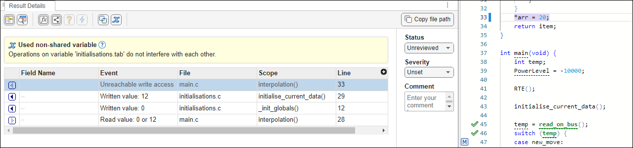 The Result Details pane showing the variable tab is read in the function interpolation().