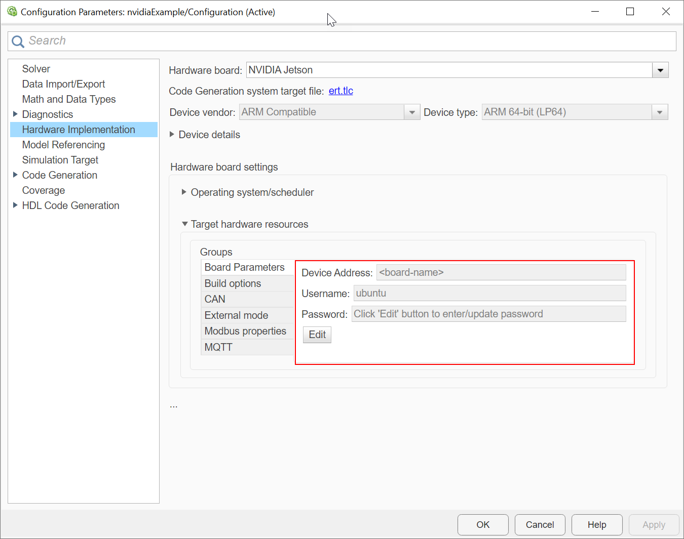 Hardware implementation pane of the configuration parameters for NVIDIA Jetson board. Target hardware resources group has board specific parameters such as device address, username, and password