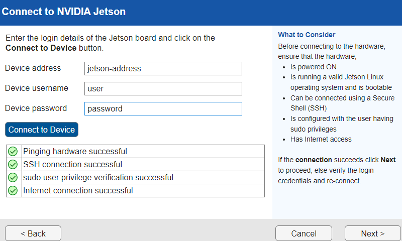Connect to NVIDIA Jetson page showing the app successfully connected to the board