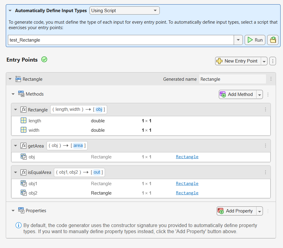 Screenshot of the Entry Points pane of the MATLAB Coder app. The Rectangle class has been added as an entry point. The Methods section is populated with the Rectangle constructor, and the getArea and isEqualArea instance methods. All input types have been defined automatically using the test_Rectangle script.
