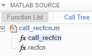 This image shows recfcn after the input argument x is treated as a nonconstant value with coder.ignoreConst. The function specializations do not appear in the report anymore.