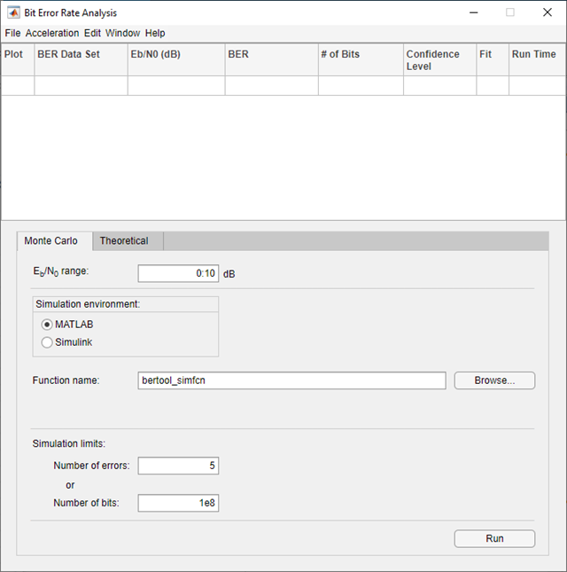 Parameter settings on the Monte Carlo tab of the Bit Error Rate Analysis app.