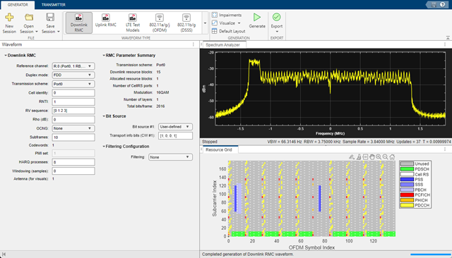 LTE Wireless Waveform Generator app default configuration.