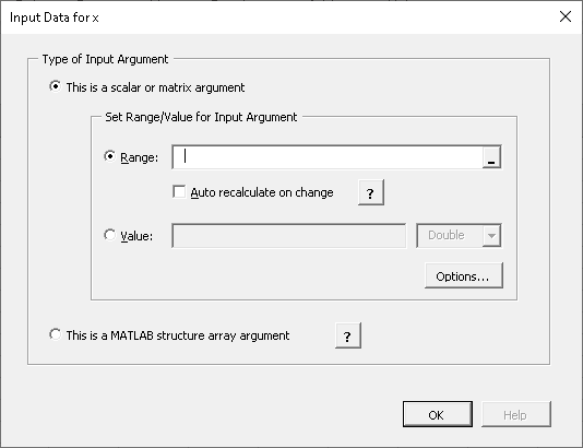 The Input Data for x panel for specifying input arguments