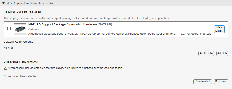 Required Support Packages section listing a required hardware support package