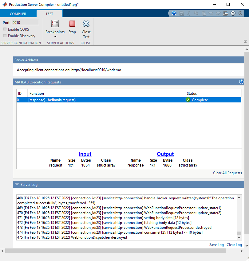 Production Server Compiler app testing interface displaying input and output of web request handler function.