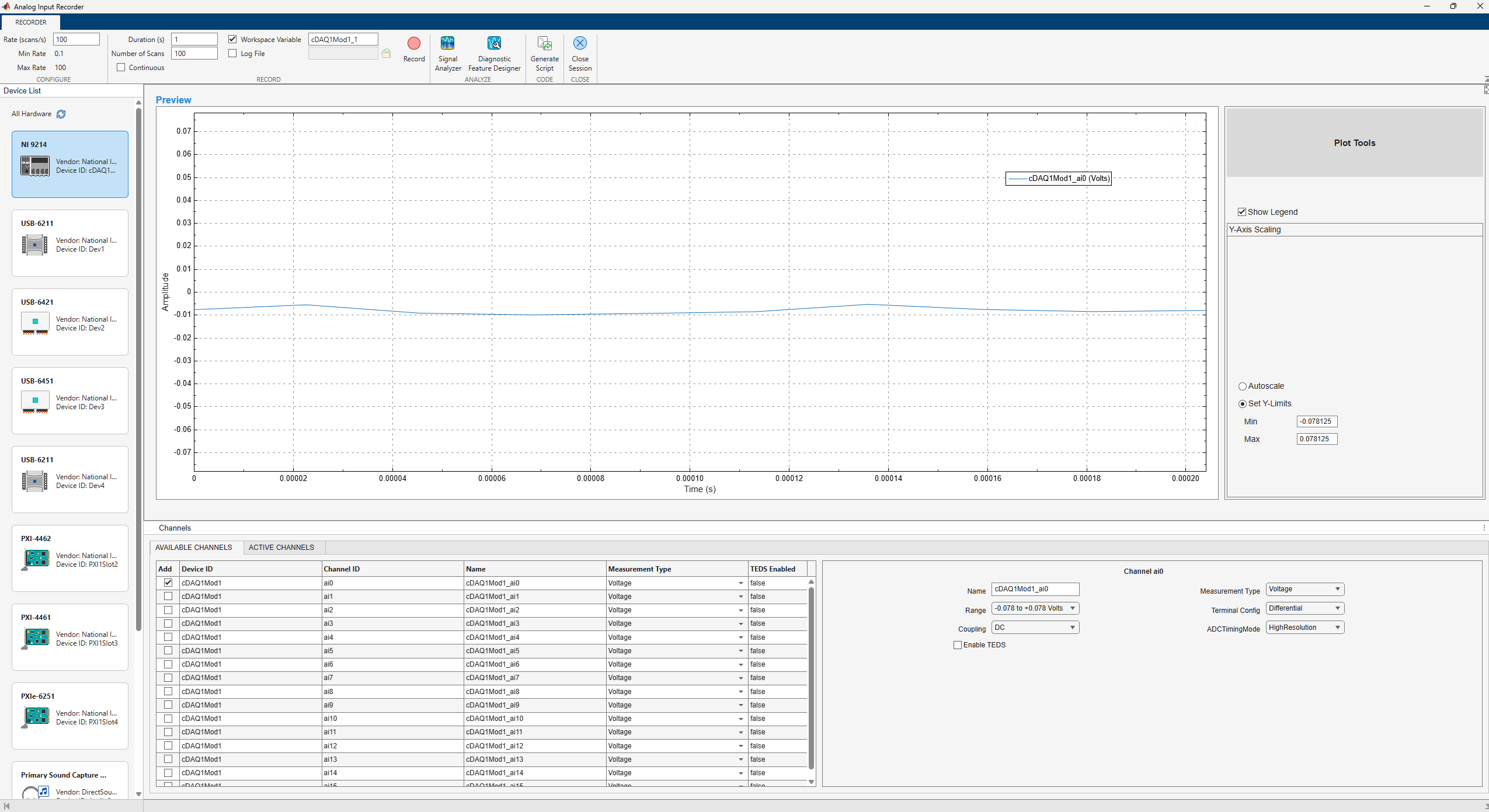 New session of Analog Input Recorder with default acquisition settings for NI 9214