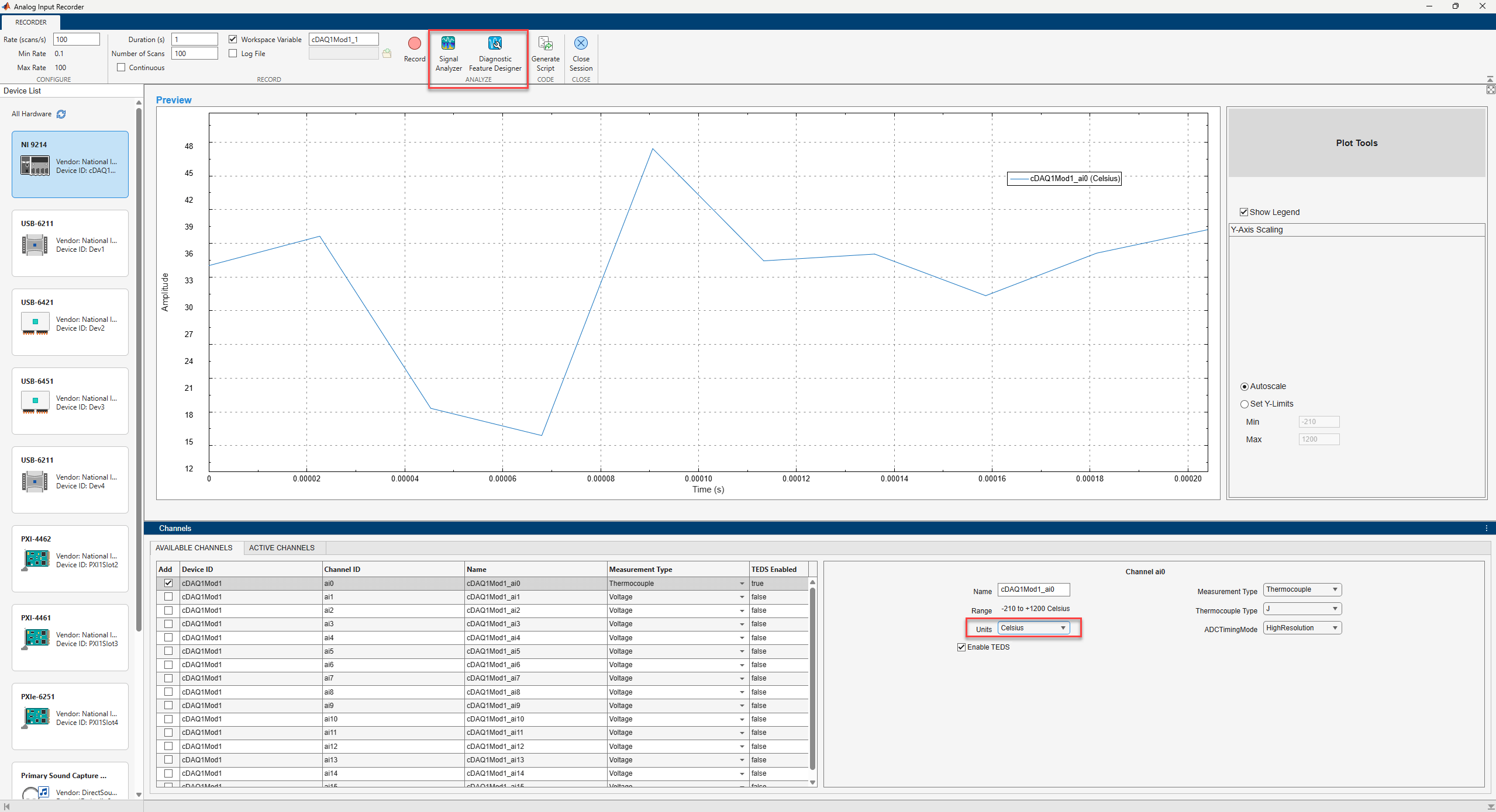 Analog Input Recorder showing plot data in the specified units for channel