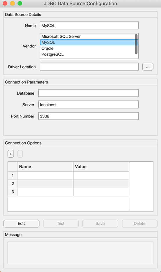 JDBC Data Source Configuration dialog box with the selected MySQL vendor