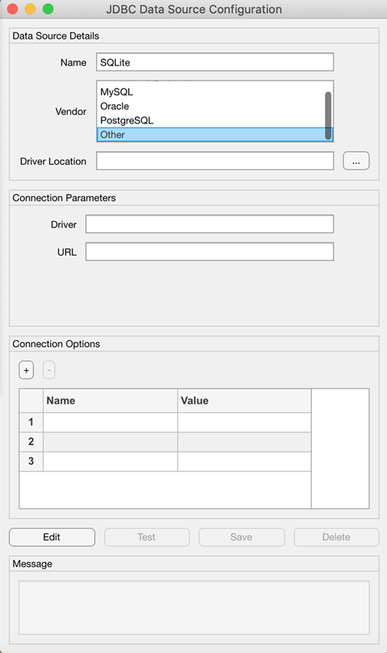 JDBC Data Source Configuration dialog box with the selected Other vendor