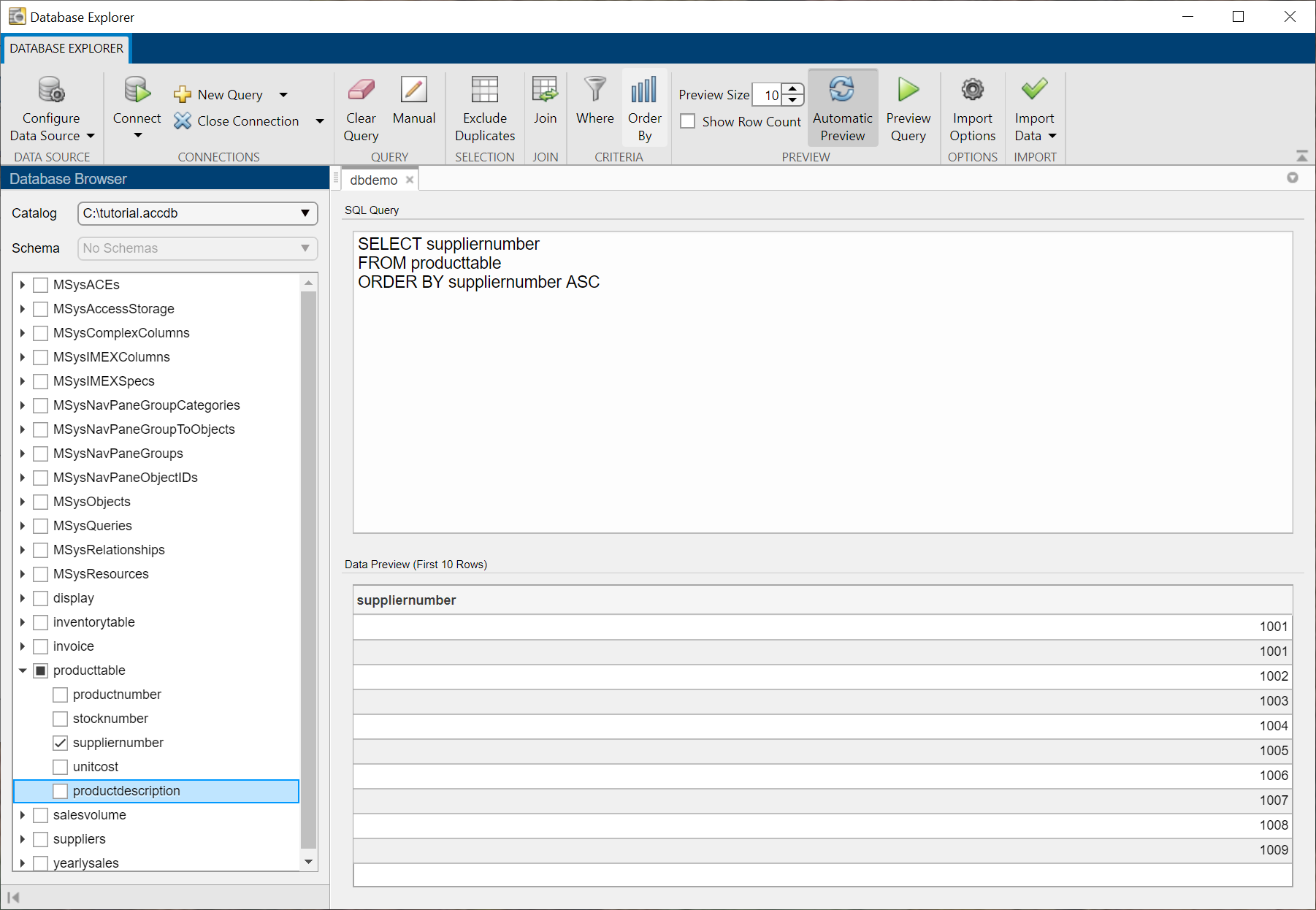 The Database Browser pane shows the selected table productTable in the Database Explorer app with the suppliernumber column selected. The SQL Query pane shows the SQL SELECT statement to select the suppliernumber column from the table in ascending order. The Data Preview pane displays the first 10 rows in the table with the column values sorted in ascending order.