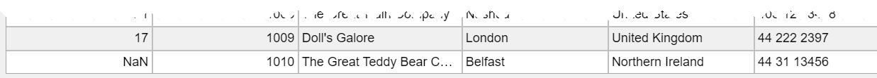 Excerpt from the Data Preview pane of the last two rows where the last row contains the NaN value in the unitcost column